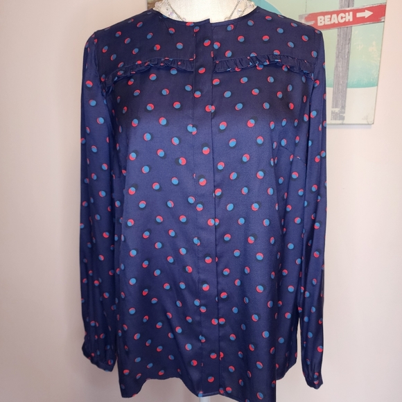 Boden NWOT dark blue silk viscose polka dot blouse ruffles 8 - Picture 1 of 9
